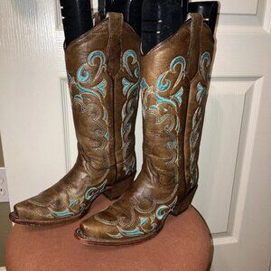CIRCLE G by CORRAL Boots EMBROIDERED Stitched BROWN / TURQUOISE L5193 - Sz 6.5